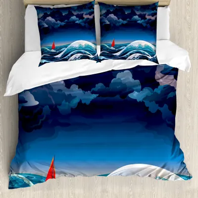 Produktbild von ABAKUHAUS Segelboot Bettbezug, Nacht Seascape Boot, Milbensicher Allergiker geeignet mit Kissenbezügen, 155 cm x 220 cm - 80 x 80 cm, Petrol Blau Teal