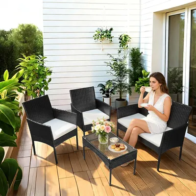 Produktbild von Peviasot Gartenmöbel Set 4-teilig Polyrattan Sitzgruppe mit 2 Sesseln, 2-Sitzer Sofa und Glastisch, Schwarz