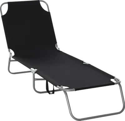 A black folding lounge chair on a white background.