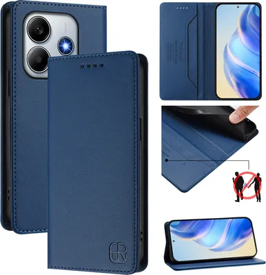 Collage of images showing a blue leather flip wallet case for a smartphone, with close-ups of its features and a phone inside.