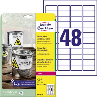 Obrázok produktu pre Avery Heavy Duty laserové štítky - polyesterové štítky - biele - 45,7 x 21,2 mm 960 štítkov (20 listov x 48) (L4778-20)