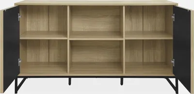 An open cabinet with shelves and doors.