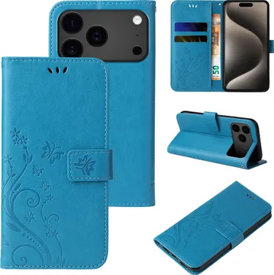 Produktbild von Handyhülle für Apple iPhone 17 Pro Floral Blumen Schmetterling Flip Cover Hülle Case Klapphülle Handytasche Farbe: Blau