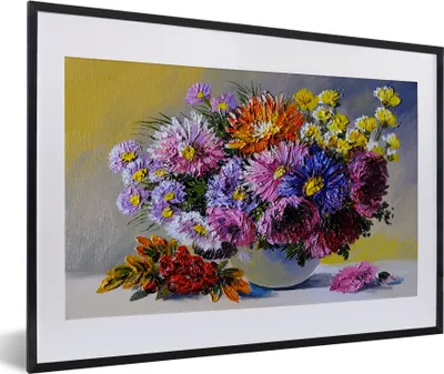 Produktbild von MuchoWow® Gerahmtes Poster Ölfarbe - Blumen - Stillleben 60x40 cm - Poster mit Schwarzem Bilderrahmen Wandposter Rahmen Foto Bilder - Schlafzimmer - Plakat in Rahmen - Drucken