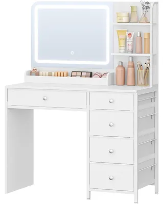 Immagine prodotto di Comò da trucco con illuminazione a LED, ampio specchio HD, 5 cassetti, 2 ripiani, colore bianco