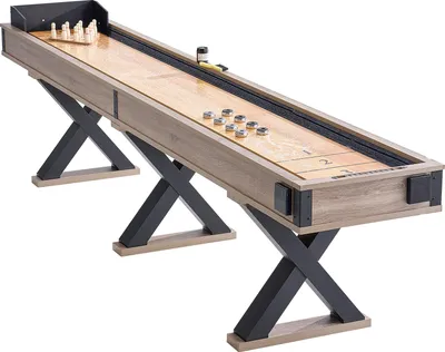 A shuffleboard and bowling combo table is shown from a diagonal angle against a white background.