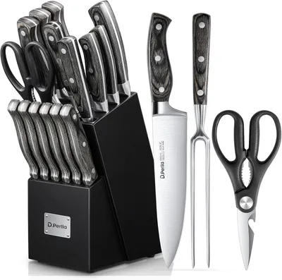 Imagen del producto de Conjunto de cuchillos de 16 piezas, de acero inoxidable con mango de madera, que incluye un acero de cocina, ideal para la cocina