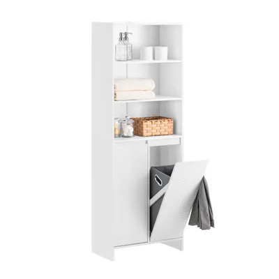 A tall, white storage cabinet with shelves and a pull-out laundry hamper.