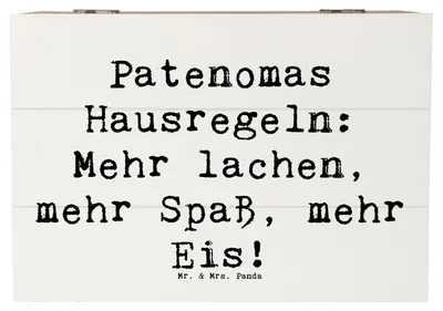 Produktbild von Mr. & Mrs. Panda Kiste Spruch Patenoma Hausregeln 22 x 15 cm - Weiß - Geschenk, schatztruhe, Geschenke, Patenschaft, Familie, Großmutter, Schatzkiste, Lächeln, Spaß