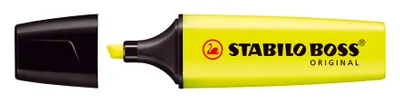 A yellow STABILO BOSS ORIGINAL highlighter with its black cap removed and placed beside it.