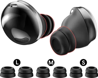 A product image showing two black wireless earbuds and three sets of black ear tips in different sizes (labeled L, M, and S).
