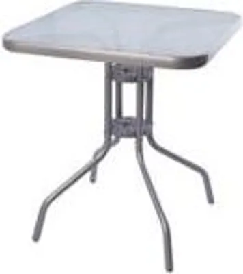 A square glass-top table with a metal base.