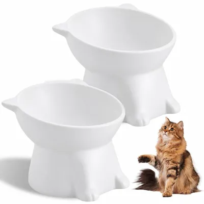 Productafbeelding van Kattenbak - Kattenvoerbak - 2 stuks - Verhoogd - Wit - 15 graden geneigd