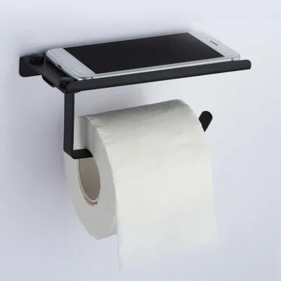 Zdjęcie produktu dla Uchwyt na papier toaletowy z półką, wielofunkcyjna półka ze stali nierdzewnej do użytku w domu, łazience, hotelu, restauracji, kolor czarny