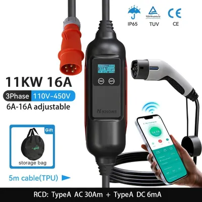 Image de Chargeur pour véhicule électrique - Borne de recharge pour véhicule électrique - Chargeur domestique - Câble de recharge portable - Puissance : 11 kW