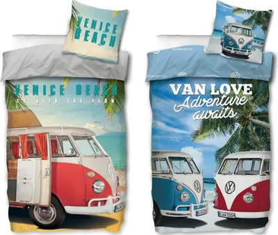 Two bedding sets featuring vintage VW buses on a beach theme.