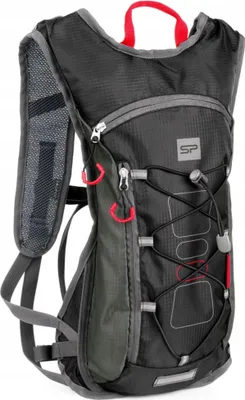 A black and gray backpack with red accents.