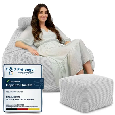 Image de Dreamroots Bean Bag 90x90x100 cm Pouf avec dossier et tabouret et housse Coussin de sol Chill Sack Bubibag Pouf avec remplissage, Storm Gray