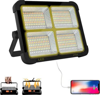 Produktbild von Wiederaufladbarer 100-W-LED-Fluter (10.000 lm), tragbare Arbeitsleuchte mit Solarpanel, 16.500-mAh-USB-Akku, ideal für Camping, Baustelle, Garage und Werkstatt.