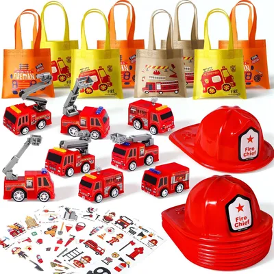 Productafbeelding van Brandweerman kinderverjaardag - Cadeautjesset met brandweerhelm - Brandweerauto - Cadeauzakjes - Tatoeages - Party