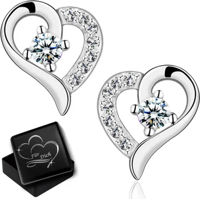Produktbild von Damen Mädchen  Ohrringe mit Herz echt 925 Sterling Silber Zirkonia Frauen Ohrstecker Herzohrringe mit Gravur Dose K970+V12