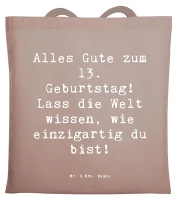 Produktbild von Mr. & Mrs. Panda Shopping Tasche Spruch 13. Geburtstag - Braun Pastell - Geschenk, einzigartig, Jutebeutel, Alles Gute, wertvoll, Tote Bag, Schultasche, unvergesslich
