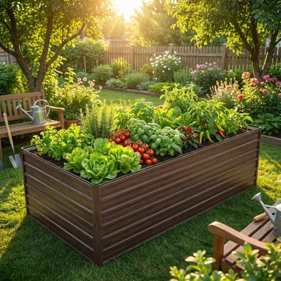 Zdjęcie produktu dla Clinvia – duża metalowa podwyższona grządka, 219 x 112 x 64 cm, skrzynia na rośliny z otwartym dnem, solidny zestaw do uprawy roślin ze stali, odporny na warunki atmosferyczne i rdzę, do uprawy warzyw, kwiatów, na taras – imitacja słojów drewna