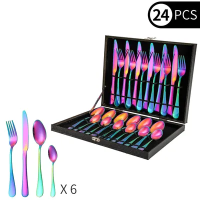 Produktbild von Besteck Set 6 Personen, Besteck Regenbogen aus Hochwertigem Edelstahl, 24-teiliges Buntes Besteckset mit Geschenkbox für Familie, Hotels, Restaurants