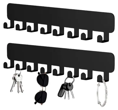 Produktbild von 2 Stück Schlüsselbrett Ohne Bohren mit 8 Haken, Schlüsselhalter Wand, Schlüsselbrett Selbstklebend, Schlüsselleiste Klebend, Schlüsselhaken Organizer, Key Holder für Flur Küche Eingang Wandhaken Nachbildung