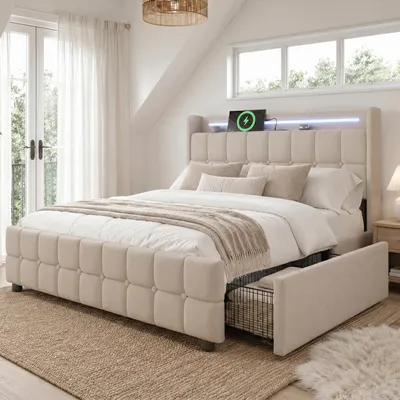 Produktbild von Polsterbett mit USB Ladefunktion Kopfteil LED-Beleuchtung 4 Schubladen Doppelbett 140x200 Stauraumbett Bettgestell Lattenrost Holz Beige ohne Matratze