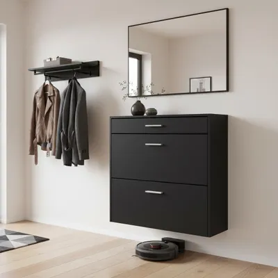 Produktbild von Schmaler hängender Schuhschrank Roma Air mit 2 Klappen und 1 Schublade, platzsparender Schuhkipper für Diele, Flur und Garderobe, mattes Schwarz (89 x 87 x 23 cm)
