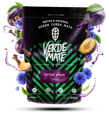 Produktbild von Verde Mate - Mate Tee Dried Plum 500g - Dicke Blätter 5mm, Luftgetrocknet - Herbstliche Getrocknete Pflaume - Mild - Yerba Mate Brasilien