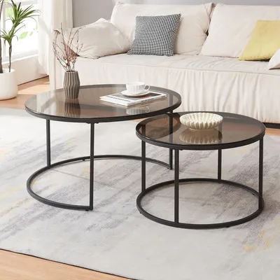 Produktbild von Couchtisch 2er Set 'Kokkola' Metallgestell rund Rauchglas, grau
