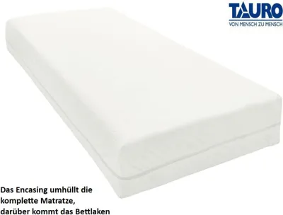 A white mattress with a zipper, presented on a white background with a brand logo and text.