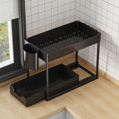 Produktbild von Kš¹chen Organizer 2 Etagen, Unter Waschbecken Regal mit Haken und Tasse Gewš¹rzregal Spš¹lschrank Organizer Kš¹chenregal Schrank Organizer fš¹r Badezimmer Kš¹che Schwarz