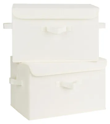 Produktbild von Aufbewahrungsboxen mit Deckel, 2er-Set Aufbewahrungsboxen mit Deckel, faltbare Stofforganizer, Aufbewahrungskorb mit Deckel für Kleidung, weiße faltbare Boxen mit Deckel