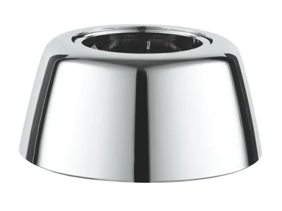 A chrome-plated escutcheon or rosette for a plumbing fixture.