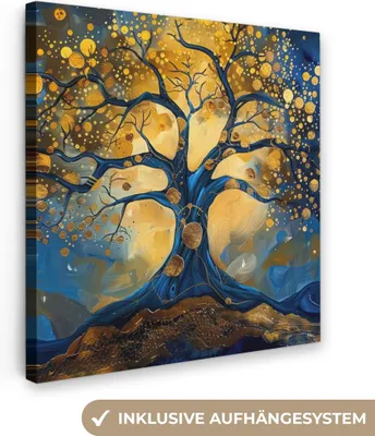 Produktbild von MuchoWow® - Leinwandbilder - Baum - Baum des Lebens - Blau - Gold, Wandbild, Wanddeko Bilder Wohnzimmer, 90x90 cm