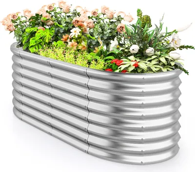 Produktbild von COSTWAY Hochbeet Metall Oval, Pflanzkasten, 165x80x60cm, Frühbeet mit offenem Boden, Wellblech, Blumenbeet wetterfest, Pflanzentrog, Silber