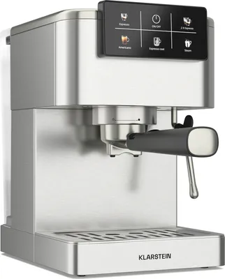 A stainless steel espresso machine with a touch display.