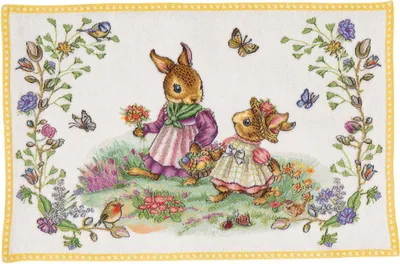 Two cartoon bunnies in a meadow with flowers and butterflies.