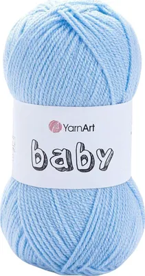 A ball of light blue yarn with a white label.