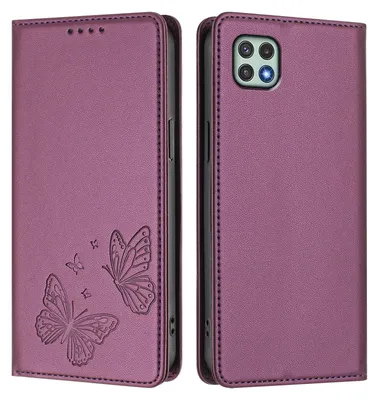 Produktbild von Lederhülle für Samsung Galaxy A22 5G, Schmetterling Prägung Leder Brieftasche Schutzhülle mit Ständer Lila