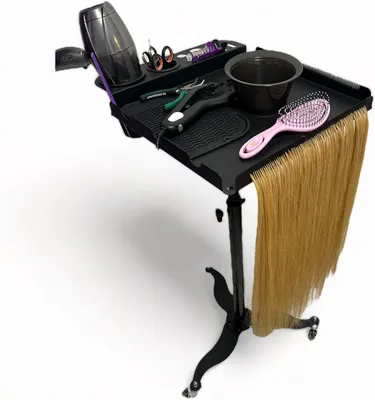 Productafbeelding van Professionele kapperswagen - Mobiel, met verstelbare hoogte en hittebestendig. Uitgerust met magnetische kommen en een houder voor kammen, ideaal voor extensions