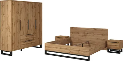 Image de Chambre compléte industrielle MILOS : Armoire 4 portes, lit 160x200, commode, chevets, chêne brut/noir