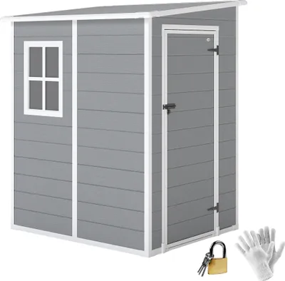 Zdjęcie produktu dla Szopa ogrodowa Outsunny 1,54 m³, szopa ogrodowa ze spadzistym dachem, podłoga 122 x 149 x 192/177 cm, odporna na warunki atmosferyczne szopa na narzędzia z zamykanymi drzwiami, oknem, plastikowa szafka ogrodowa, do ogrodu, na podwórko, w kolorze szarym