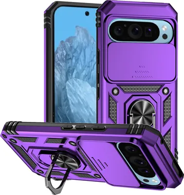 Immagine prodotto di Custodia per Google Pixel 9 a doppio strato con copertura scorrevole della fotocamera e supporto ad anello Viola
