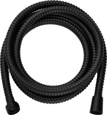 A black shower hose coiled on a white background.