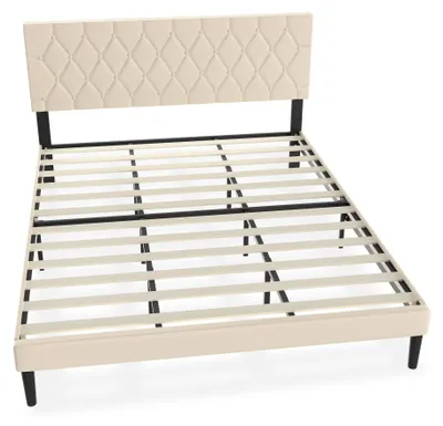 Produktbild von Bettgestell – 140x200 cm – Metallbett mit Stoffbezug und Kopfteil aus Kunstleder – Tragfähigkeit: 300 kg