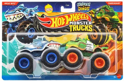 Produktbild von Hot Wheels Monster Trucks Sharks vs. Dinos Drachenzerstörungs-Spielset und 2 Spielzeugtrucks, Monstertruck- & Schienen-Set, 4 Jahr(e), Kunststoff, Mehrfarbig